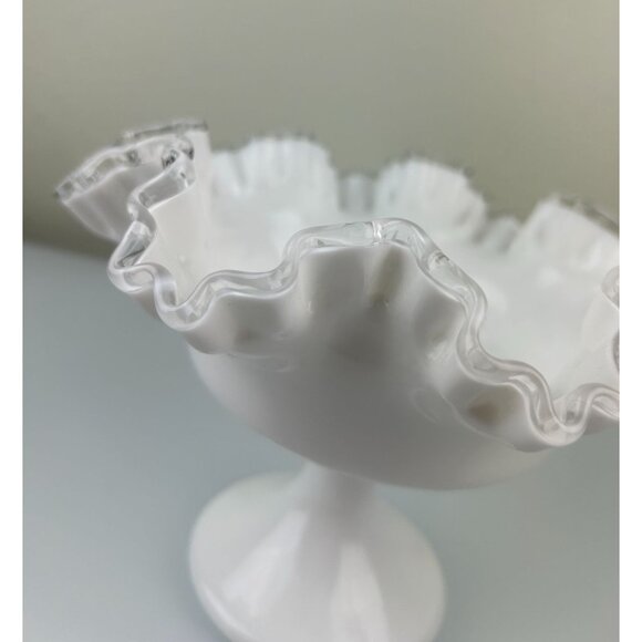 Fenton Silver Crest Pedestal Compote Bowl Clear Ribbon Ruffle White Milk Glass - Picture 5 of 13